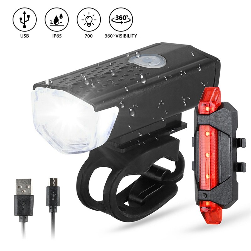 Bicycle Front and Back Light Set Bike Light USB Rechargeable 300 Lumens LED Light Front Headlight Rear Taillight Cycling Flashlight Warning Light Waterproof Night Riding Bike Front Light Cycling Bike