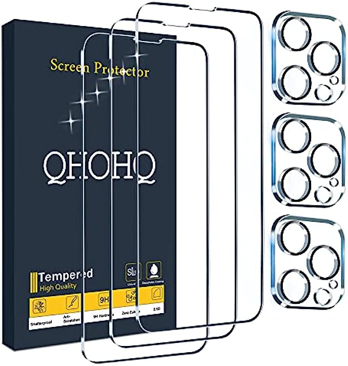 QHOHQ 3 Pack Screen Protector for iPhone 13 Pro Max 6.7 Inch with 3 Pack Tempered Glass Camera Lens Protector, Ultra HD, 9H Hardness, Scratch Resistant, Easy Install - Case Friendly