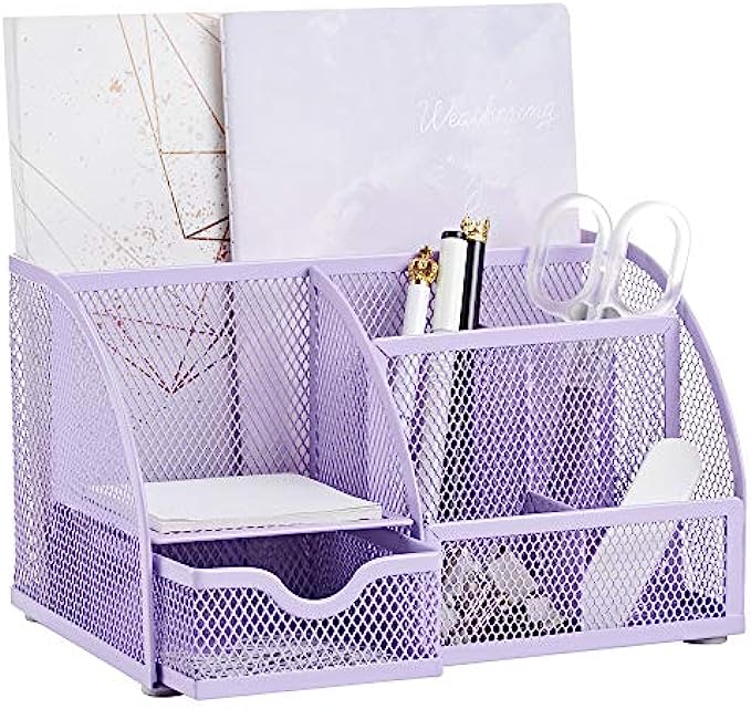 Annova Mesh Desk Organizer Office with 7 Compartments + Drawer/Desk Tidy Candy/Pen Holder/Multifunctional Organizer - Light Purple / Lavender