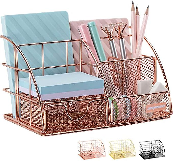 Rose Gold Desk Organizer for Women, AUPSEN Mesh Office Supplies Desk Accessories, Features 5 Compartments + 1 Mini Sliding Drawer