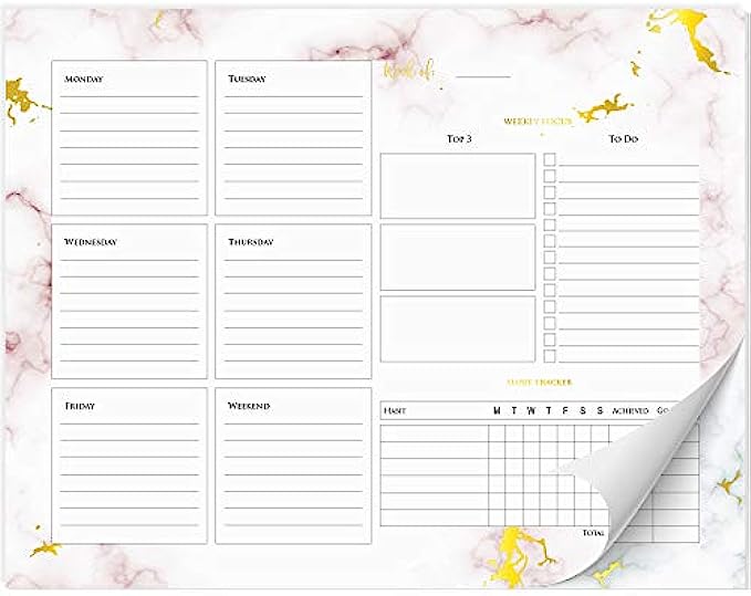 Beautiful Marble Weekly Planner Pad and Habit Tracker - Office Desk Supply to Do List for Women