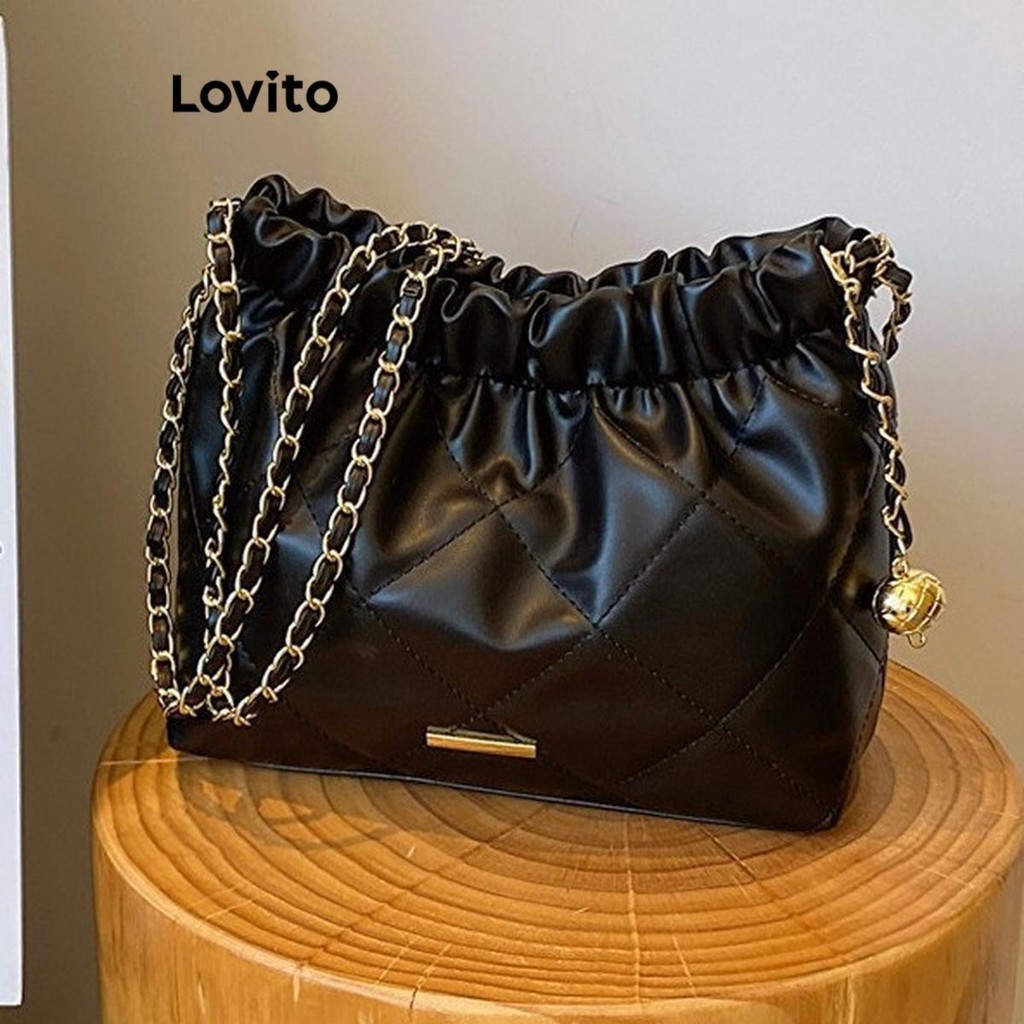 Lovito Vintage Argyle Chain Pom Small Fragrant Style High Capacity Temperament Shoulder Tote Bag for Women LFA27461